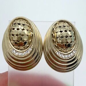 Vintage Whiting & Davis Gold Tone Mesh Dome Rhinestone Statement Earrings